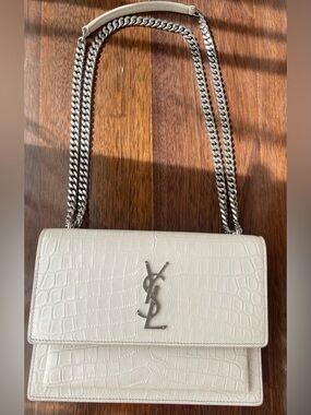 Saint Laurent YSL Kate White Croc Embossed Leather Chain Shoulder Bag
